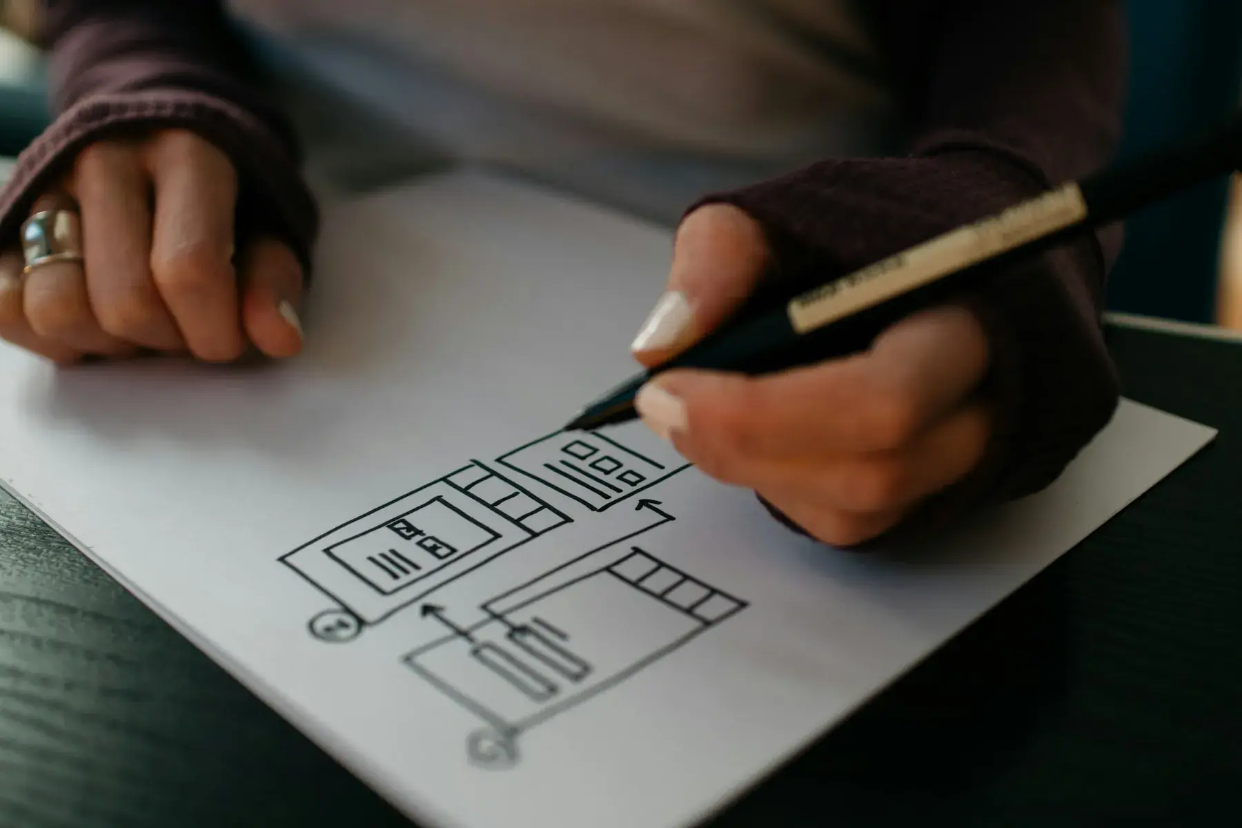 A hand sketching an application's screens with a pen on paper